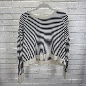 Sweaty Betty Navy White Striped Crew Neck Cropped Sweatshirt Womens 6 Nautical